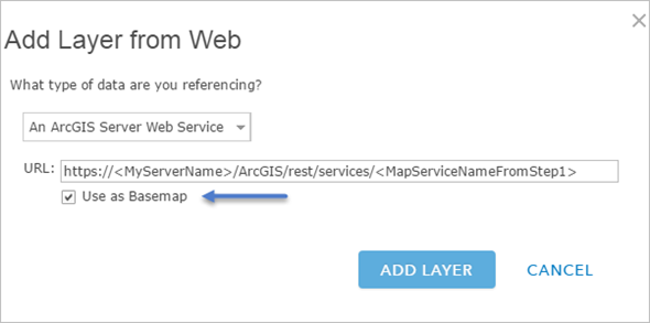 Add a map service as a basemap using ArcGIS Online Add a map service as a basemap using ArcGIS Online